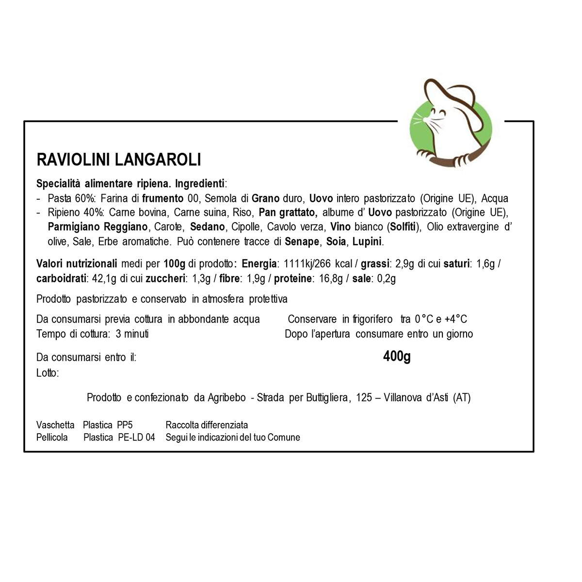 etichetta 1 RAVIOLINI LANGAROLI 400 GR